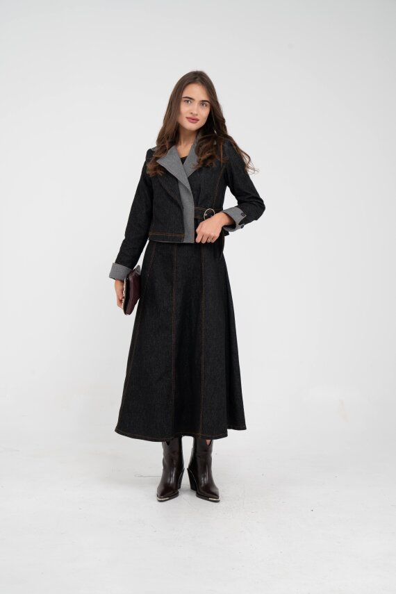 Kontrast Detaylı Kısa Ceket & Uzun Elbise İkili Kadın Takım 9003 - 32