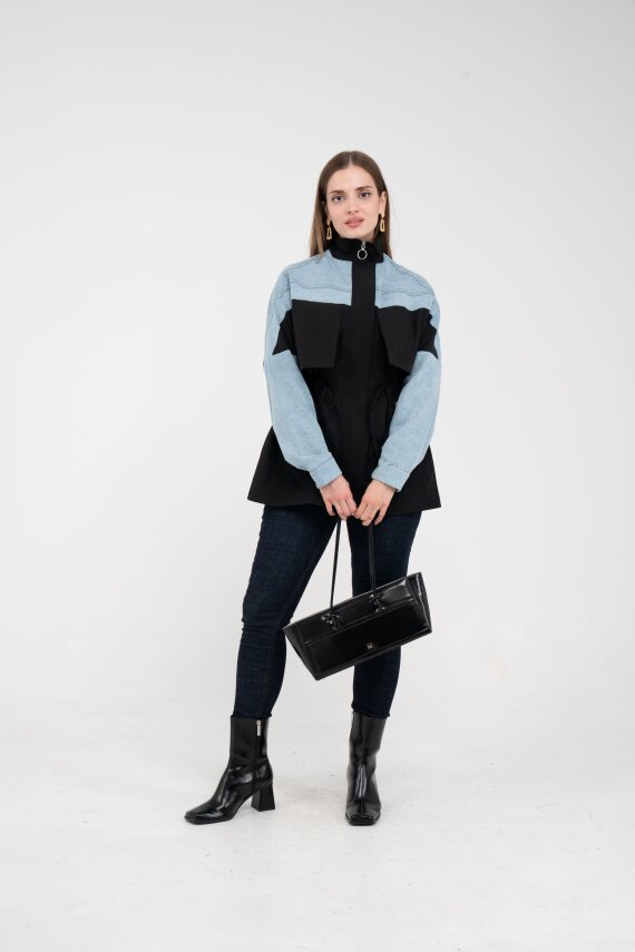 Kot Detaylı Siyah Şerit Tasarım Kadın Kap 1729 - 8