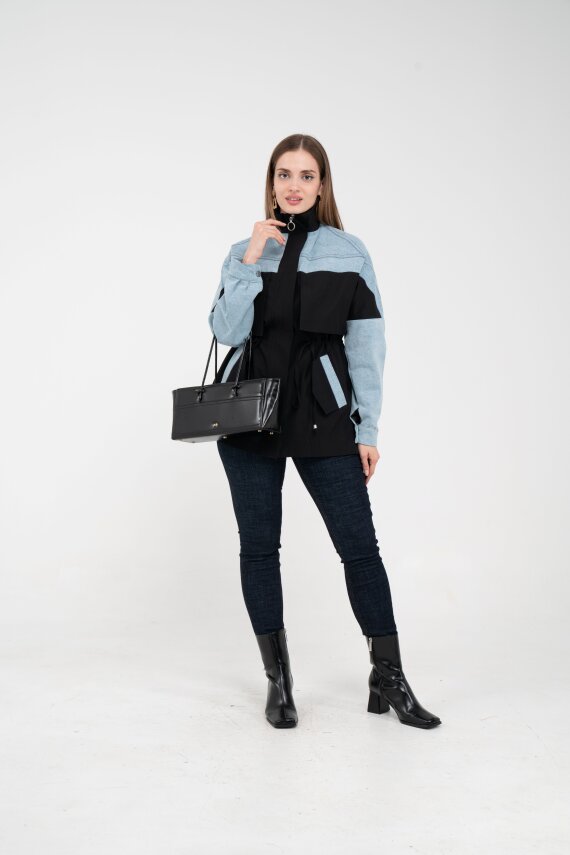 Kot Detaylı Siyah Şerit Tasarım Kadın Kap 1729 - 10