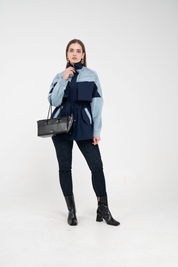 Kot Detaylı Siyah Şerit Tasarım Kadın Kap 1729 - 18