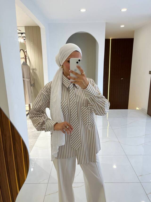 Kravat Detaylı Çizgili Kadın Gömlek GMK16067 - 4