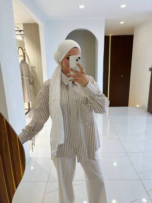 Kravat Detaylı Çizgili Kadın Gömlek GMK16067 - 5