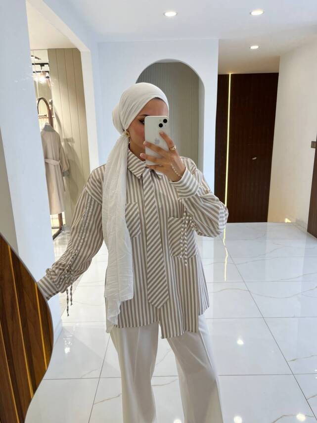 Kravat Detaylı Çizgili Kadın Gömlek GMK16067 - 5