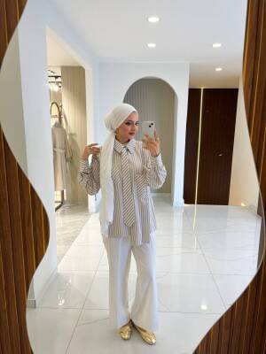 Kravat Detaylı Çizgili Kadın Gömlek GMK16067 - 6