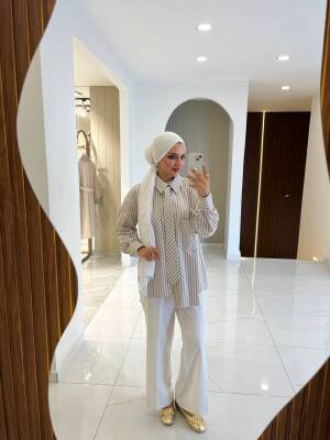 Kravat Detaylı Çizgili Kadın Gömlek GMK16067 - 7