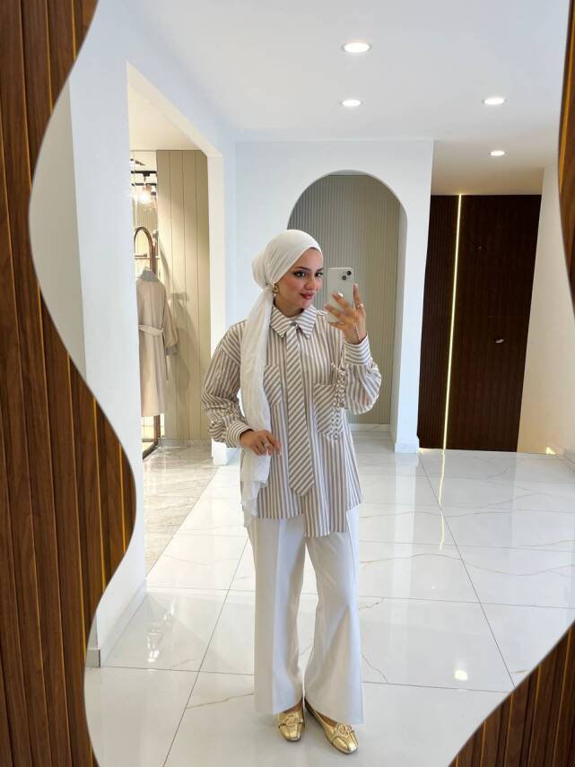 Kravat Detaylı Çizgili Kadın Gömlek GMK16067 - 7