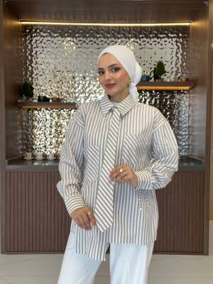 Kravat Detaylı Çizgili Kadın Gömlek GMK16067 - 8