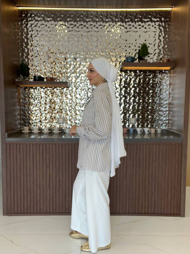 Kravat Detaylı Çizgili Kadın Gömlek GMK16067 - 9