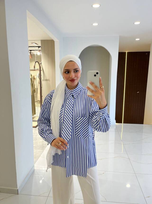 Kravat Detaylı Çizgili Kadın Gömlek GMK16067 - 10