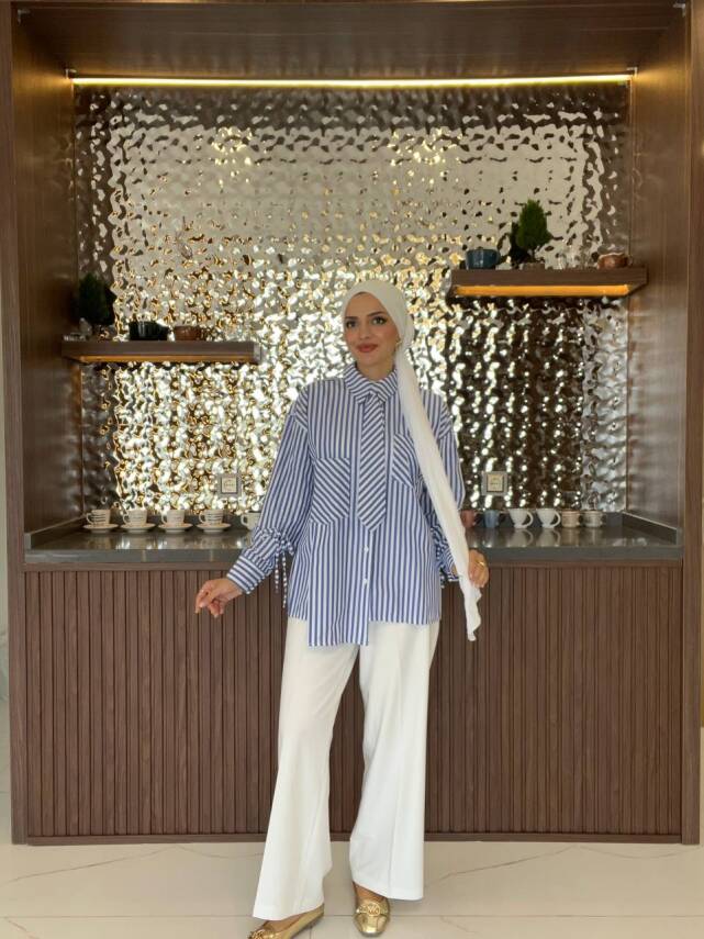 Kravat Detaylı Çizgili Kadın Gömlek GMK16067 - 11