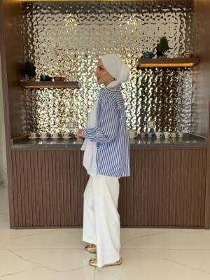 Kravat Detaylı Çizgili Kadın Gömlek GMK16067 - 12