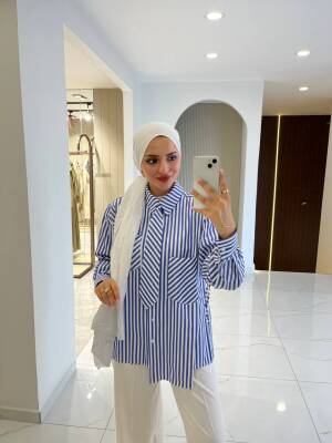 Kravat Detaylı Çizgili Kadın Gömlek GMK16067 - 14