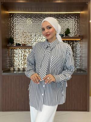 Kravat Detaylı Çizgili Kadın Gömlek GMK16067 - 16