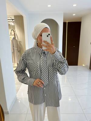 Kravat Detaylı Çizgili Kadın Gömlek GMK16067 - 18