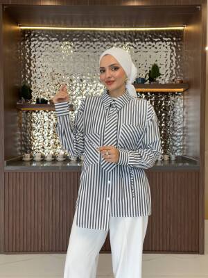 Kravat Detaylı Çizgili Kadın Gömlek GMK16067 - 19