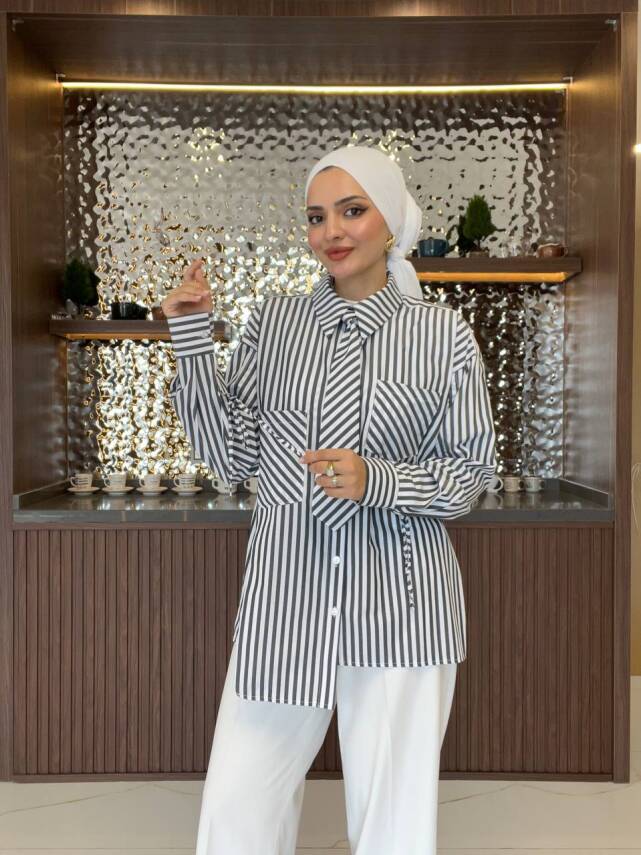 Kravat Detaylı Çizgili Kadın Gömlek GMK16067 - 19