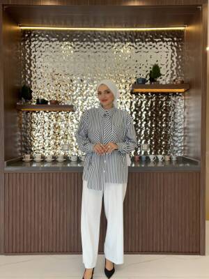 Kravat Detaylı Çizgili Kadın Gömlek GMK16067 - 21