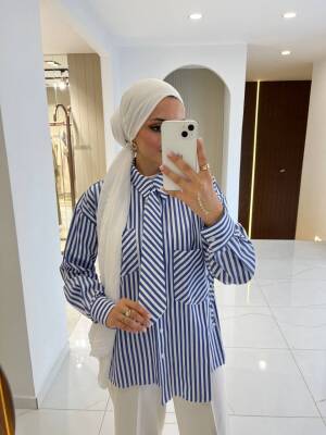 Kravat Detaylı Çizgili Kadın Gömlek GMK16067 - 22