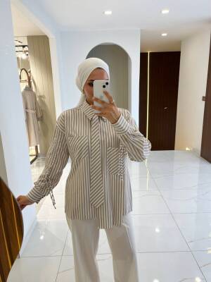 Kravat Detaylı Çizgili Kadın Gömlek GMK16067 - 23