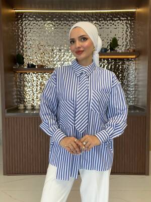 Kravat Detaylı Çizgili Kadın Gömlek GMK16067 - 24