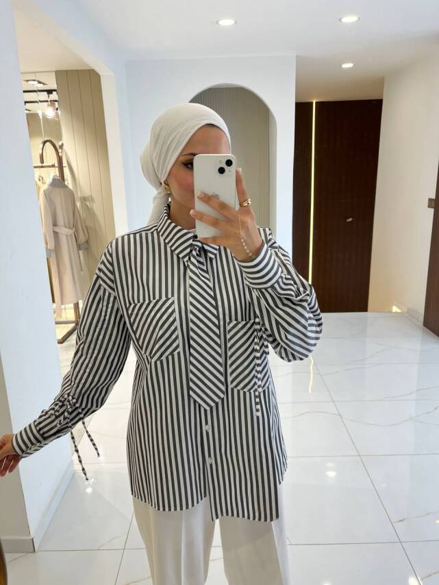 Kravat Detaylı Çizgili Kadın Gömlek GMK16067 - 1