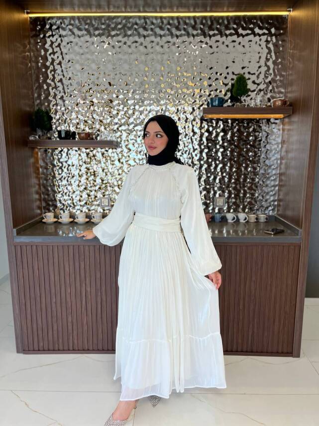 Kuşak Detaylı Boyunda Taş İşlemeli Abiye Elbise ELB16090 - 4