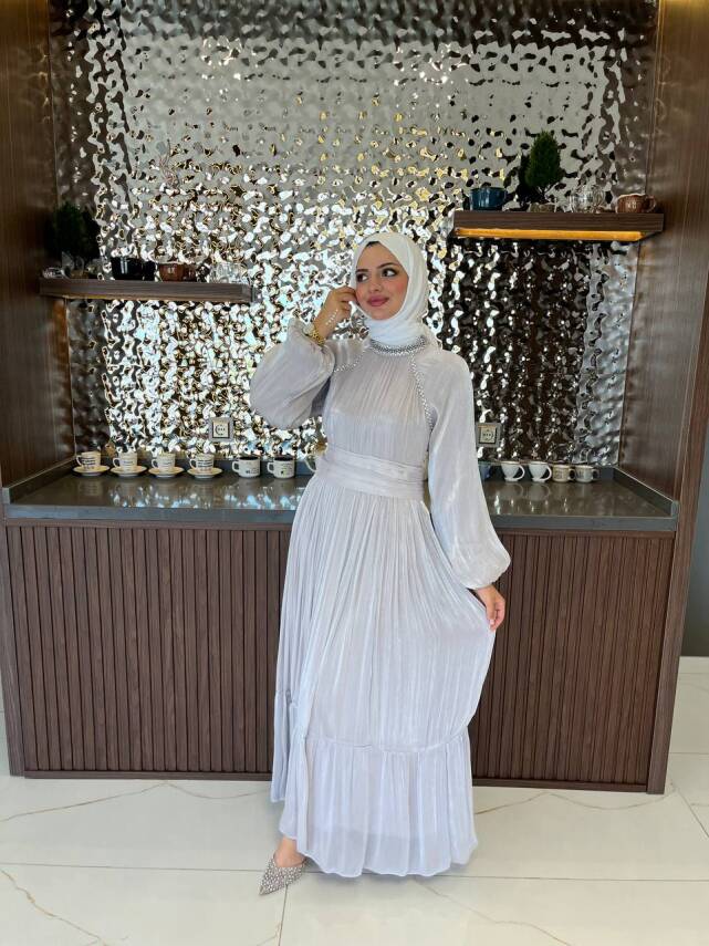 Kuşak Detaylı Boyunda Taş İşlemeli Abiye Elbise ELB16090 - 5