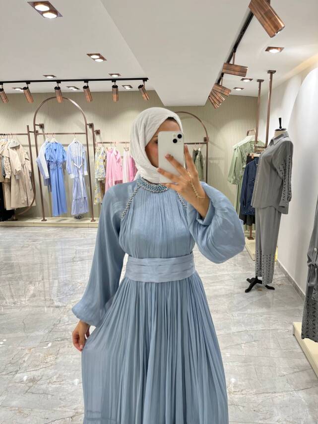 Kuşak Detaylı Boyunda Taş İşlemeli Abiye Elbise ELB16090 - 9