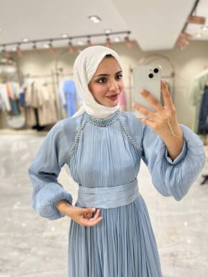 Kuşak Detaylı Boyunda Taş İşlemeli Abiye Elbise ELB16090 - 10