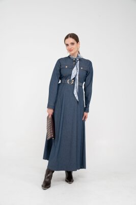 Kuşak Detaylı Denim Elbise K1733 - SASİLVA