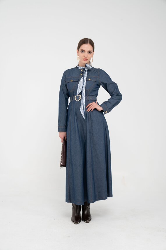 Kuşak Detaylı Denim Elbise K1733 - 2