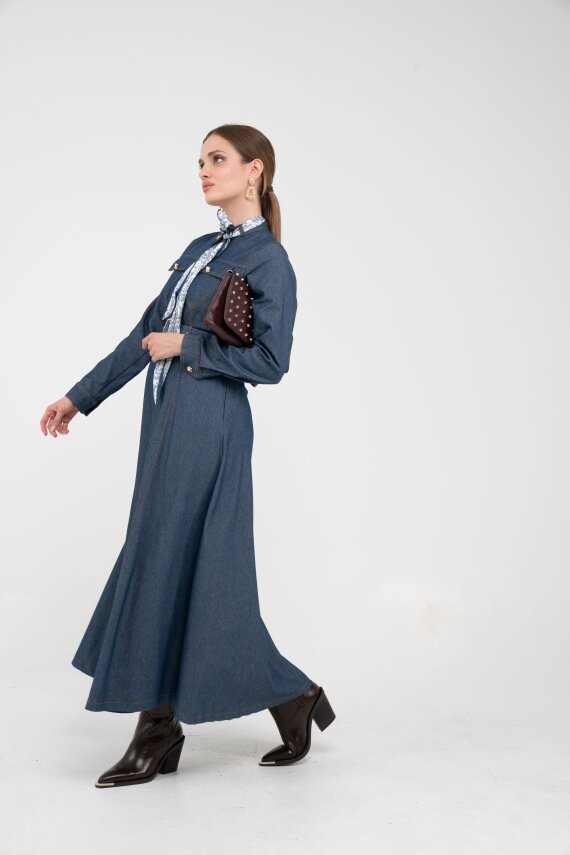 Kuşak Detaylı Denim Elbise K1733 - 4