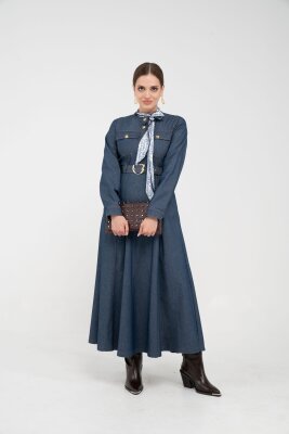 Kuşak Detaylı Denim Elbise K1733 - 6
