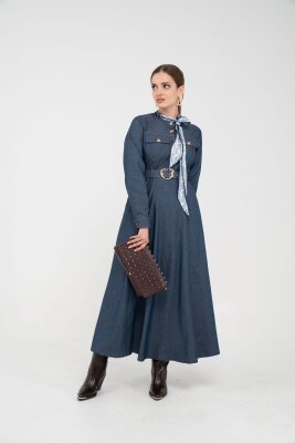 Kuşak Detaylı Denim Elbise K1733 - 7