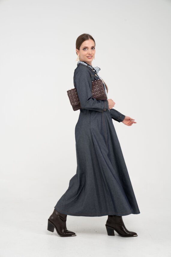 Kuşak Detaylı Denim Elbise K1733 - 13