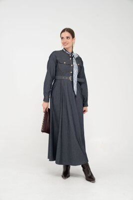 Kuşak Detaylı Denim Elbise K1733 - 9