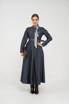 Kuşak Detaylı Denim Elbise K1733 - 8