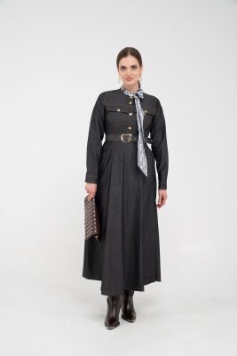 Kuşak Detaylı Denim Elbise K1733 - 15