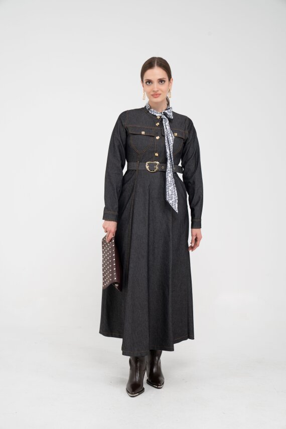 Kuşak Detaylı Denim Elbise K1733 - 15