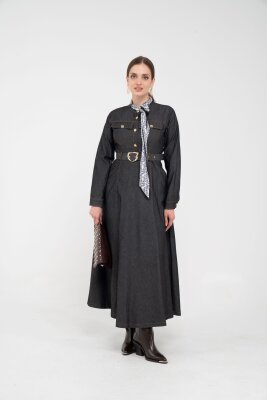 Kuşak Detaylı Denim Elbise K1733 - 16