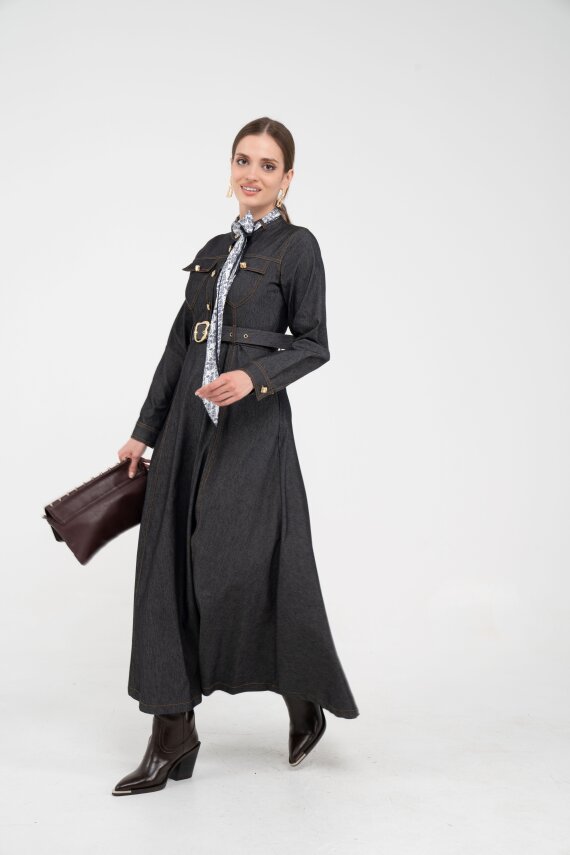 Kuşak Detaylı Denim Elbise K1733 - 17