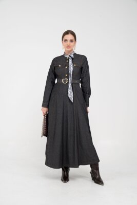Kuşak Detaylı Denim Elbise K1733 - 21