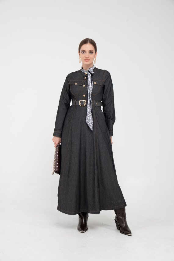 Kuşak Detaylı Denim Elbise K1733 - 21
