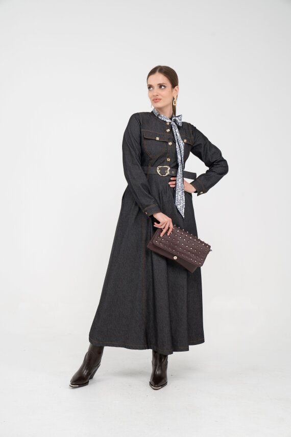 Kuşak Detaylı Denim Elbise K1733 - 22