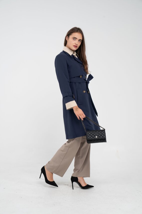 Kuşaklı Çift Düğmeli Kadın Trençkot 8063 - 2