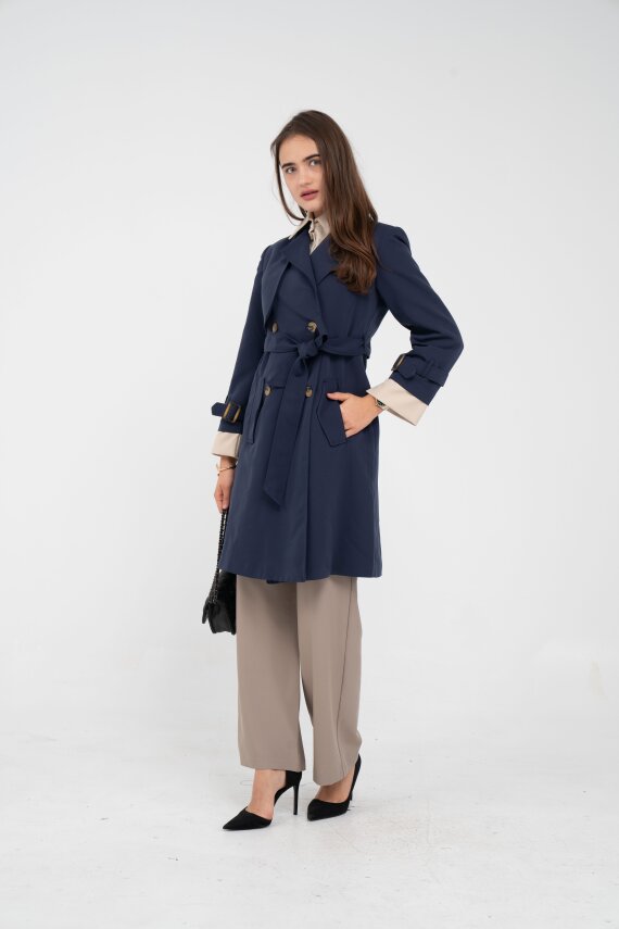 Kuşaklı Çift Düğmeli Kadın Trençkot 8063 - 7