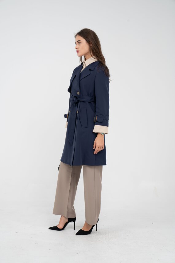 Kuşaklı Çift Düğmeli Kadın Trençkot 8063 - 8