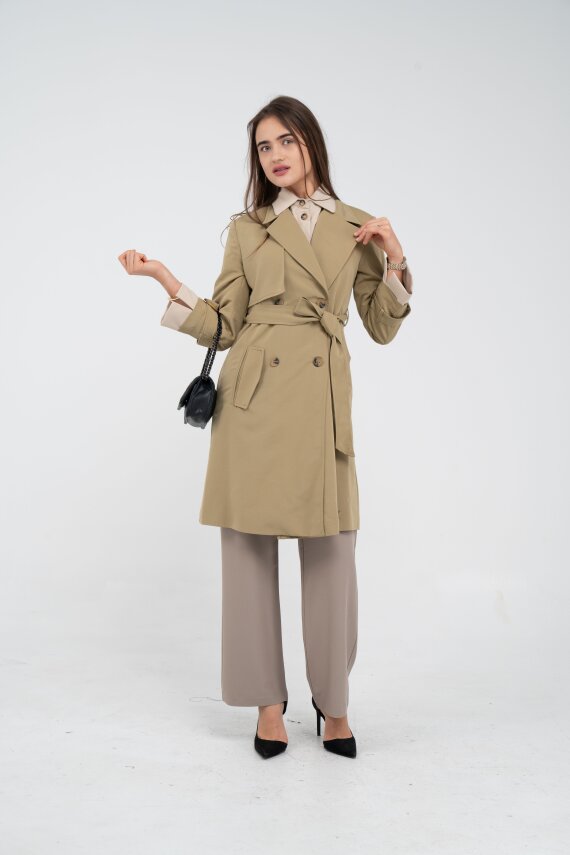 Kuşaklı Çift Düğmeli Kadın Trençkot 8063 - 10