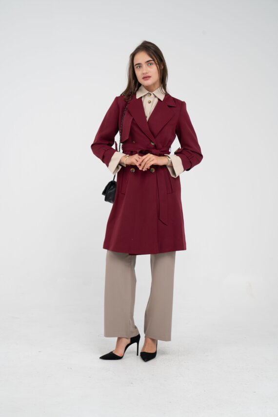 Kuşaklı Çift Düğmeli Kadın Trençkot 8063 - 21