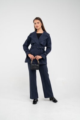 Kuşaklı Çift Düğmeli Süet Dokulu Kadın Takım 1761 - SASİLVA